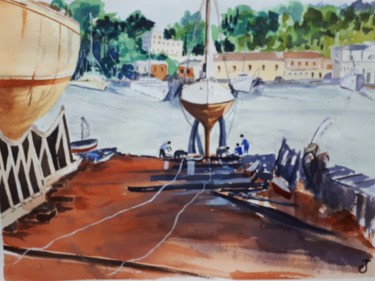 chantier naval en Méditerranée Peinture intitulée "chantier naval en M…" par Chris Texier, Œuvre d'art originale, Aquarelle