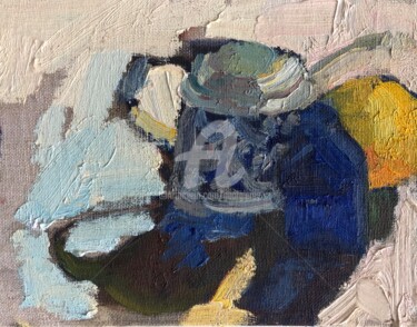 Mustard Pot, Blue Bottle and Lemon Painting titled "Mustard Pot, Blue B…" by Georgina Rey, Original Artwork, Oil