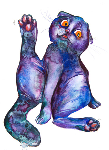 Картина под названием "Violet scottish fold" - Barbara Orsolini, Подлинное произведение искусства, Акварель