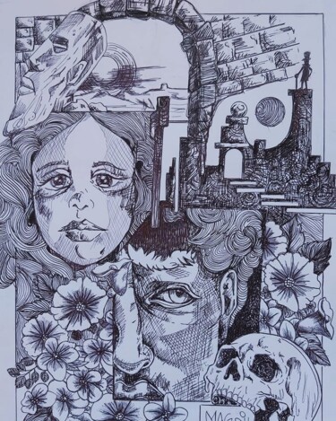 图画 标题为“L'inquiet” 由Mag Et Stef Gransagne (Mag et Stef - Les Quatre Mains), 原创艺术品, 圆珠笔