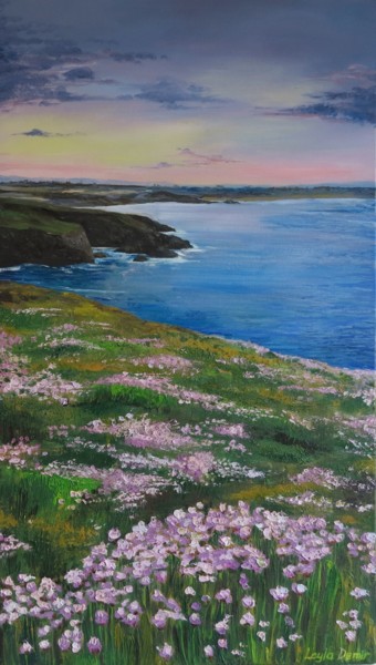 Coastal beach sunset at sea oil painting Картина под названием "Coastal beach sunse…" - Leyla Demir, Подлинное произведение искусства, Масло