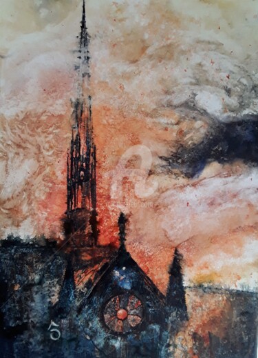Peinture intitulée "Notre Dame en Feu" par Aquarelles D'Ô, Œuvre d'art originale, Aquarelle