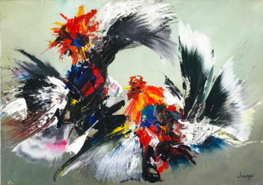 Painting titled "Combat de coqs" by Dane, Original Artwork, Acrylic Mounted on Wood Stretcher frame