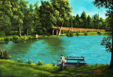 Le lac de l'Asticot (11/07/2020) Peinture intitulée "Le lac de l'Asticot…" par Jean-Yves Saint Lezer, Œuvre d'art originale, Huile
