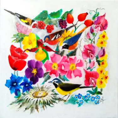 Oiseaux dans les fleurs du Vallon de La Jarjatte Pintura titulada "Oiseaux dans les fl…" por Simon Martin (Esse Eme), Obra de arte original, Acrílico