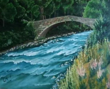 Painting titled "Puente de Andorra" by María Rosario Aladro Loza, Original Artwork, Oil Mounted on Wood Panel