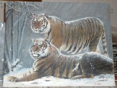 Painting titled "Tigres du Froid" by Apogée, Original Artwork, Oil