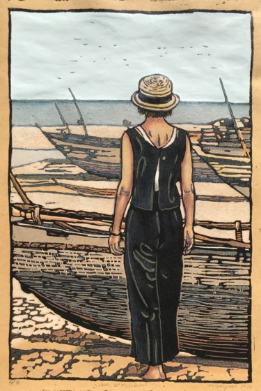 Der Strohhut Druckgrafik mit dem Titel "Der Strohhut" von Margreet Duijneveld, Original-Kunstwerk, Linoldrucke