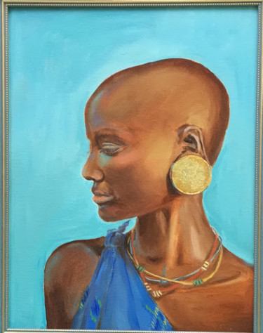 African beauty girl with a golden earring. Oil original Painting titled "African beauty girl…" by Marina Babintseva, Original Artwork, Oil