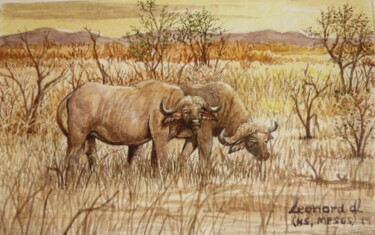 Painting titled "Buffalos at Sunset" by Leonora De Lange, Original Artwork, Watercolor