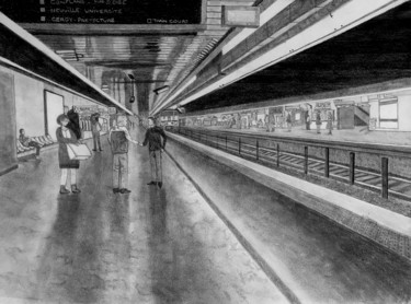 Ambiance du métro parisien en été Σχέδιο με τίτλο "Ambiance du métro p…" από Sandrine Piegay, Αυθεντικά έργα τέχνης, Γραφίτης