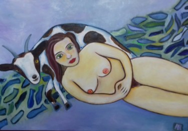 fille et la chevre Painting titled "fille et la chevre" by Andre Rippert, Original Artwork, Oil