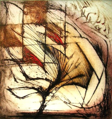 Gravures & estampes intitulée "Arbre et Damier" par Paul Cloutier, Œuvre d'art originale, Collagraphie