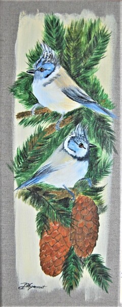 les mésanges huppées - acrylique sur toile originale signée Painting titled "les mésanges huppée…" by Patricia Giroldini Hyvernat, Original Artwork, Acrylic Mounted on Wood Stretcher f…