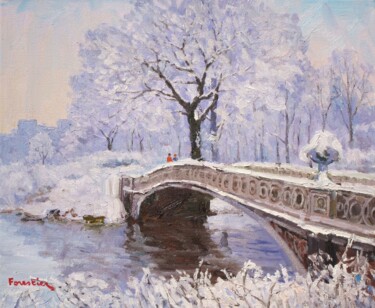 Peinture intitulée "Snow in Central Park" par Marc Forestier, Œuvre d'art originale, Huile Monté sur Châssis en bois