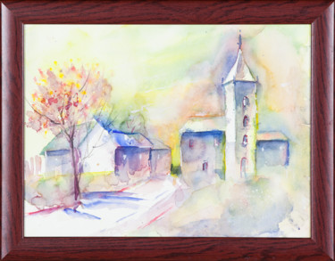 Painting titled "Petit village" by Greensleeves, Original Artwork, Watercolor Mounted on Cardboard