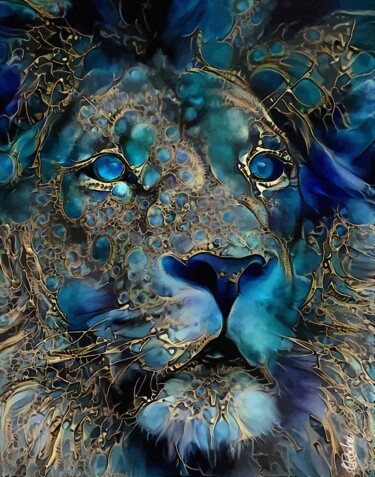 Blue Rey - Lion - Mix media on panel - 70x55 cm-OOAK