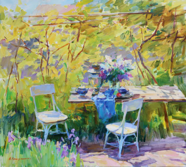 Painting titled "Tea under the Viney…" by Aleksander Kryushyn, Original Artwork, Oil Mounted on Wood Stretcher frame