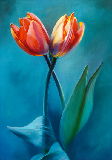 Painting titled "Тюльпаны" by Andrei Iakovlev, Original Artwork, Oil Mounted on Cardboard