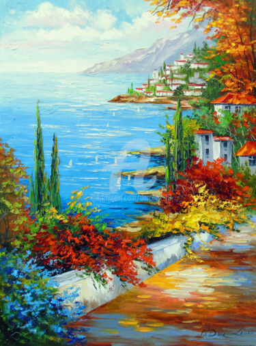 City by the sea Картина под названием "City by the sea" - Olha, Подлинное произведение искусства, Масло Установлен на Деревянная рама для но…