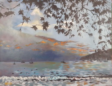Peinture intitulée "Le soir sur la Baie…" par Diane Medus, Œuvre d'art originale, Huile Monté sur Carton