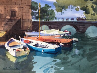 Painting titled "Morning at Lake Gar…" by Andrii Kovalyk, Original Artwork, Watercolor