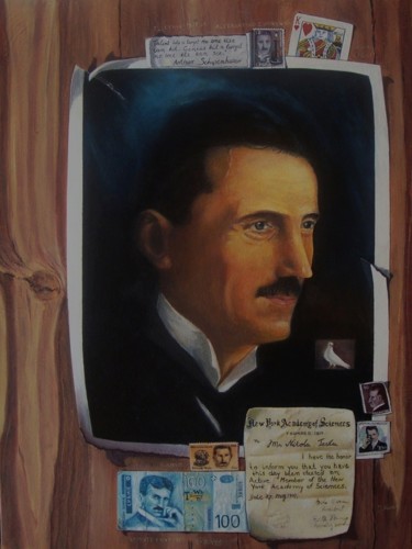 Schilderij getiteld "Homage to Tesla" door Nino Dobrosavljevic, Origineel Kunstwerk, Olie
