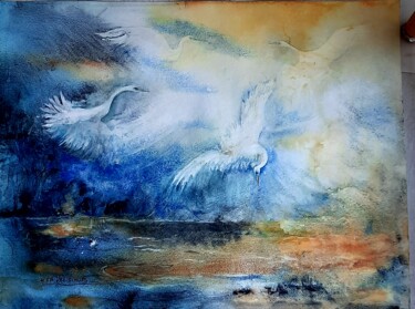 「La danse des aigret…」というタイトルの絵画 Nicole Faivre-Simoesによって, オリジナルのアートワーク, 水彩画 アルミニウムにマウント