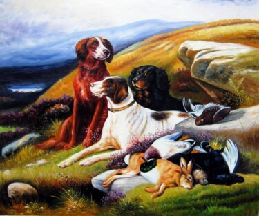 Peinture intitulée "Hunting dogs #002" par James Shang, Œuvre d'art originale, Huile Monté sur Châssis en bois
