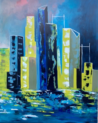 「NEW YELLOW YORK」というタイトルの絵画 Frédérique Daudenetによって, オリジナルのアートワーク, アクリル ウッドストレッチャーフレームにマウント