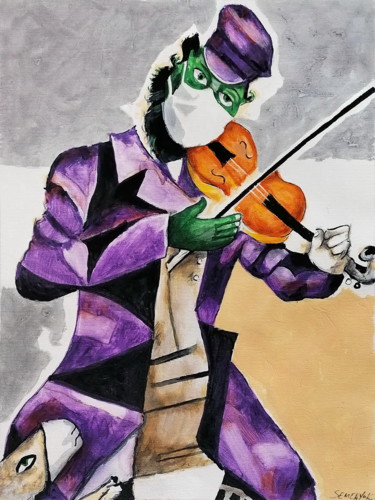 Chagall's Green Violinist in white mask Pittura intitolato "Chagall's Green Vio…" da Evgen Semenyuk, Opera d'arte originale, Acrilico