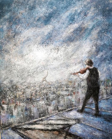Un violon sur le toit Peinture intitulée "Un violon sur le to…" par Robert Bass, Œuvre d'art originale, Acrylique