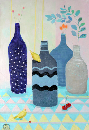 Still life with blue bottles Painting titled "Still life with blu…" by Alexandra Sergeeva, Original Artwork, Oil