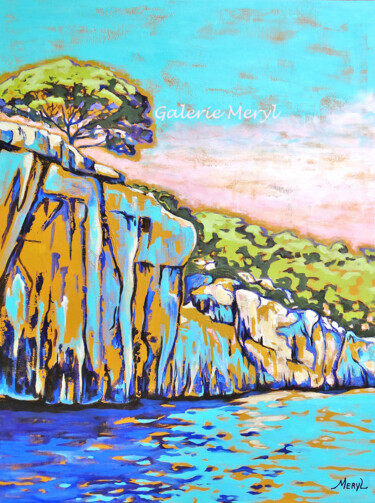 Cassis, de falaises en calanques Painting titled "Cassis, de falaises…" by Meryl, Original Artwork, Acrylic Mounted on Wood Stretcher frame