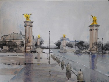 Pont Alexandre III, Paris, in the rain Painting titled "Pont Alexandre III,…" by James Shand, Original Artwork, Watercolor