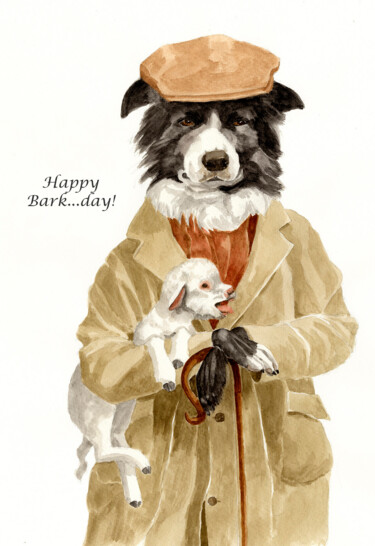 Painting titled "Happy Bark...day" by Sarah Borg, Original Artwork, Watercolor
