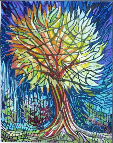 Painting titled "Arbre vitrail de lu…" by Jacqueline Klocke, Original Artwork, Ink Mounted on Other rigid panel
