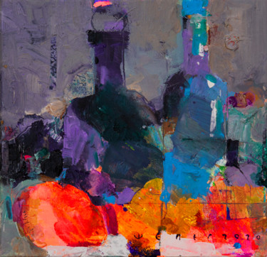 Painting titled "Bottles and fruits" by Viktor Sheleg, Original Artwork, Oil