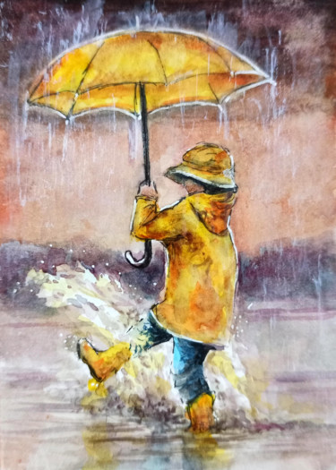 Funny walk. Rain. Kid portrait painting 绘画 标题为“Funny walk. Rain. K…” 由Natalja Picugina, 原创艺术品, 水彩