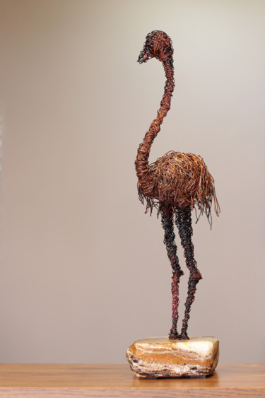 Ostrich 32x10x10 1kg copper, iron, marble 2020 Sculpture titled "Ostrich 32x10x10 1k…" by Karen Axikyan, Original Artwork, Metals