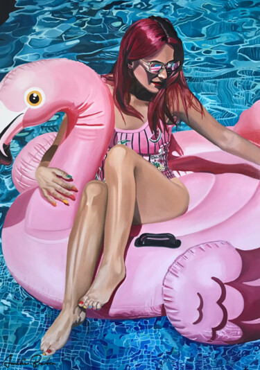 Painting titled "Flamingo in the pool" by Amélie Bourbon, Original Artwork, Oil Mounted on Wood Stretcher frame