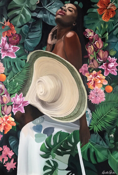 绘画 标题为“Woman with hat” 由Amélie Bourbon, 原创艺术品, 油 安装在木质担架架上