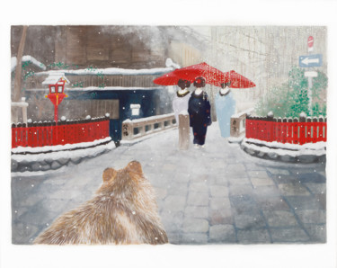 Geishas et Tanuki sur le pont Tatsumi Painting titled "Geishas et Tanuki s…" by Priscilla Moore, Original Artwork, Pigments Mounted on Wood Panel