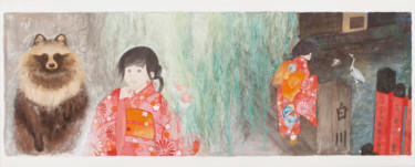 Fille et Tanuki sur le pont Tatsumi Painting titled "Fille et Tanuki sur…" by Priscilla Moore, Original Artwork, Pigments Mounted on Wood Panel