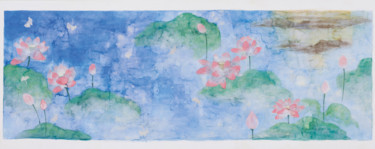 Kyokochi et le lotus Painting titled "Kyokochi et le lotus" by Priscilla Moore, Original Artwork, Pigments Mounted on Wood Panel