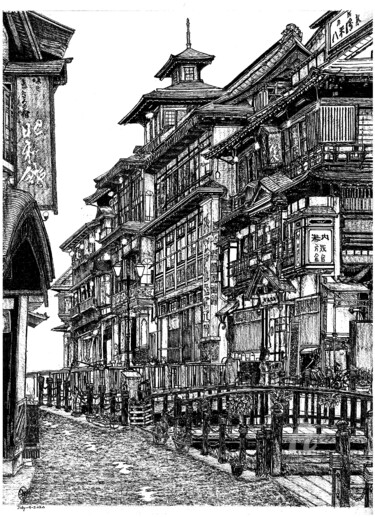 Ginzan Onsen, Yamagata, Japan 제목이 "Ginzan Onsen, Yamag…"인 그림 Shorove로, 원작, 잉크