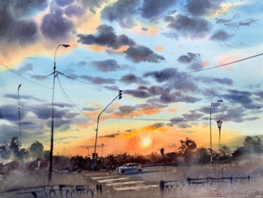 绘画 标题为“City sunset” 由Eugenia Gorbacheva, 原创艺术品, 水彩