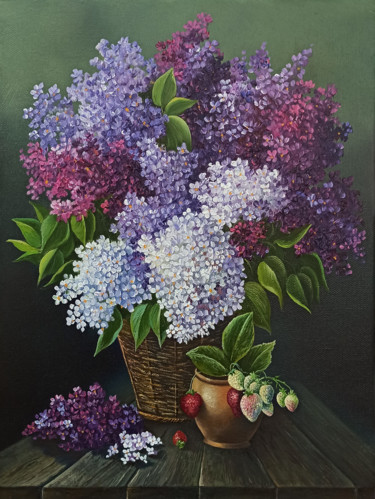Lilacs with strawberry(40x30cm, oil painting, ready to hang) Painting titled "Lilacs with strawbe…" by Sergey Miqayelya, Original Artwork, Oil Mounted on Wood Stretcher frame