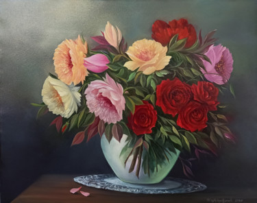 绘画 标题为“Still life with ros…” 由Sergey Miqayelya, 原创艺术品, 油 安装在木质担架架上