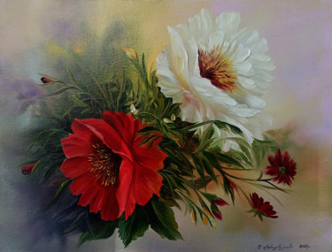 Red and white (40x30cm, oil painting, ready to hang) Painting titled "Red and white (40x3…" by Sergey Miqayelya, Original Artwork, Oil Mounted on Wood Stretcher frame